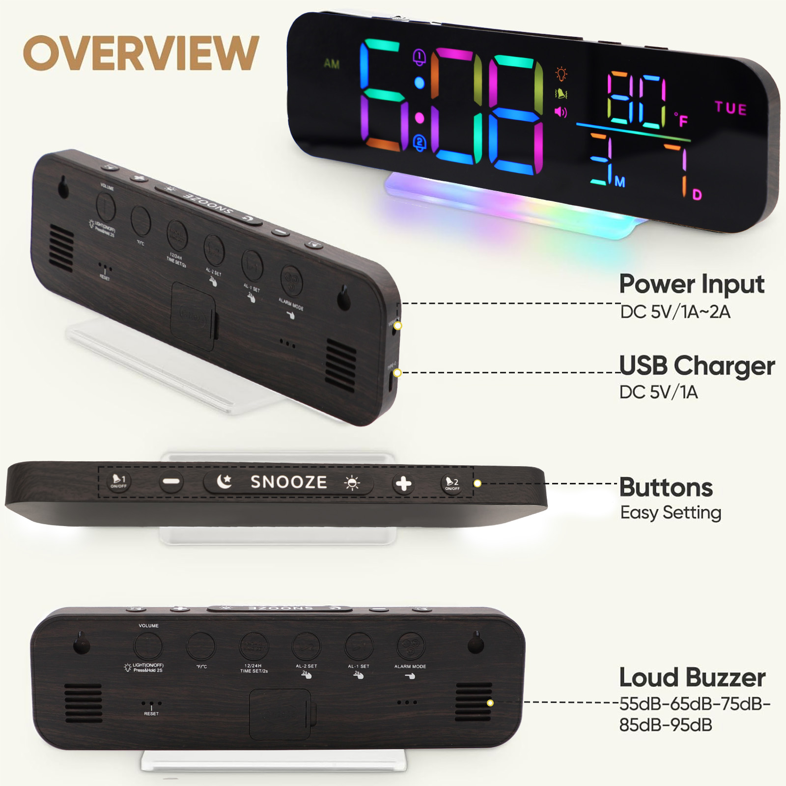 ITIGOITIE Extra Loud Vibrating Alarm Clock,Adjustable Volume,Dimmer,Large LED Digital with RGB Night Light for Bedrooms,Kids,Teens(Wood)