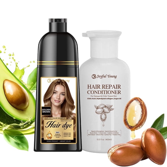 3-in-1 Natural Hair Dye Shampoo & Hair Repair Conditioner Bundle - Gray Coverage & Deep Moisture - Vegan, Sulfate-Free, Color-Safe - Argan Oil, Collagen - 2x400ml (GOLDEN BROWN)