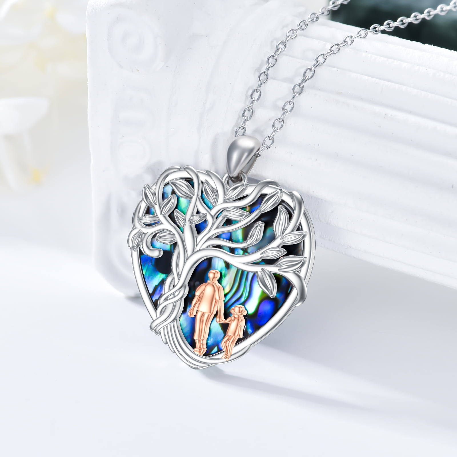 WINNICACA S925 Sterling Silver Tree of Life Father Daughter Necklace Heart Pendant Necklace Abalone Shell Jewelry Birthday Anniversary Valentines Mothers Day Gifts for Women