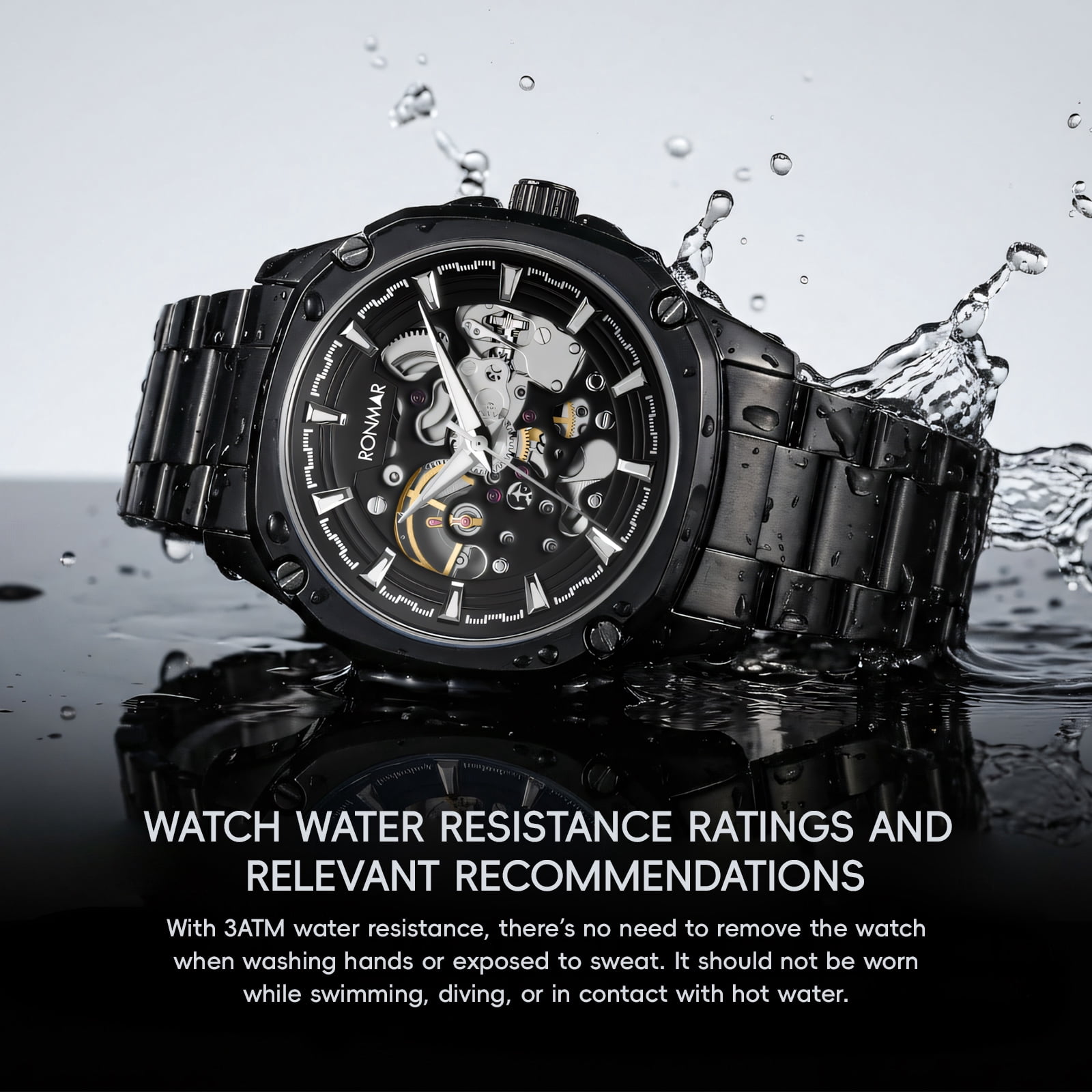 SKMEI Men's Automatic Mechanical Watch Skeleton Waterproof Stainless Steel Mens Watches Fashion Analog Watch for Men