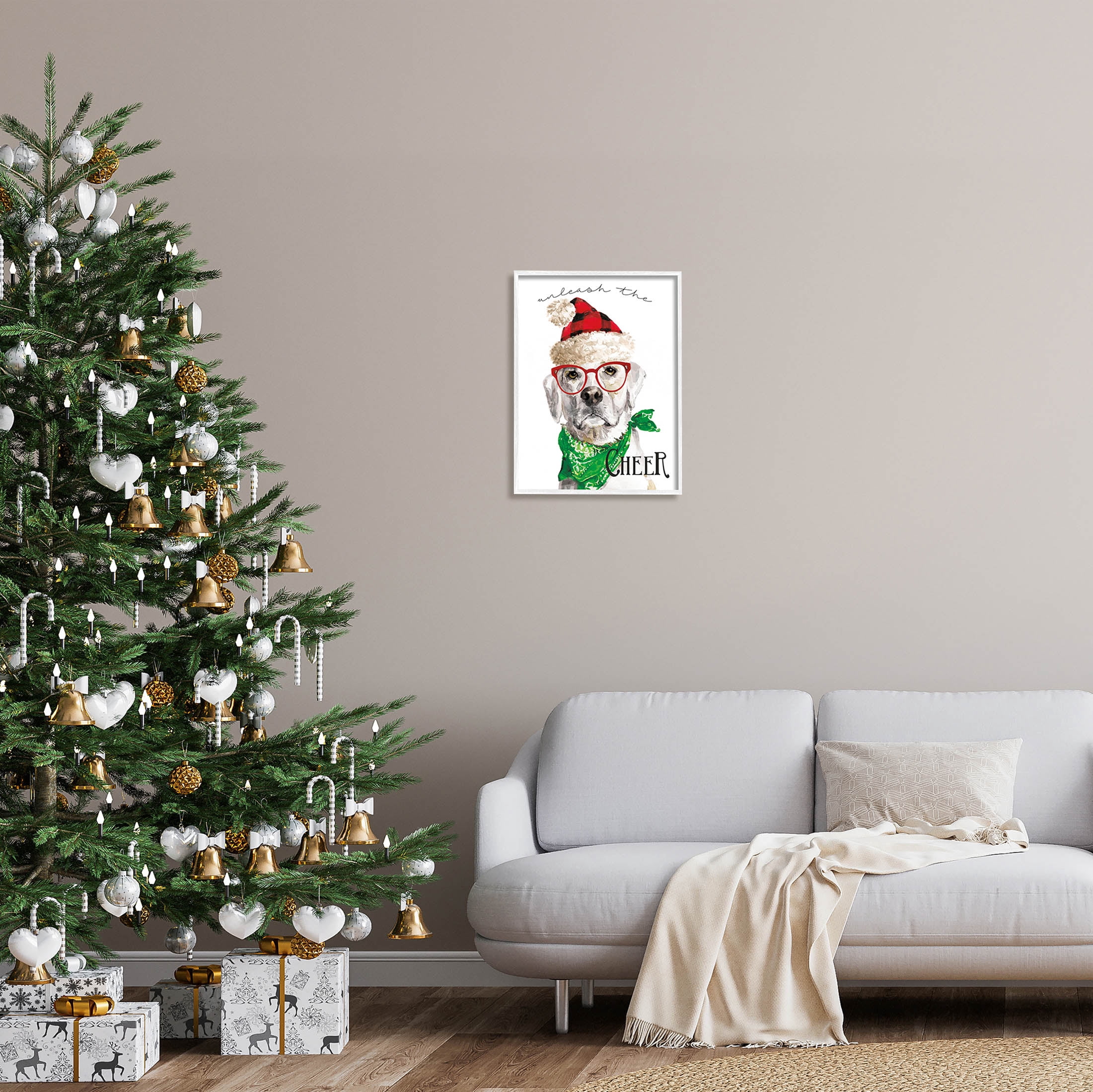 Stupell Industries Unleash The Cheer Holiday Dog Graphic Art White Framed Art Print Wall Art, Design by Livi Finn
