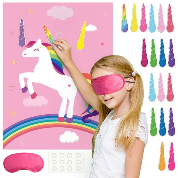 Juego de fiesta FELITO Pin the Horn on Unicorn Birthday con 24 cuernos