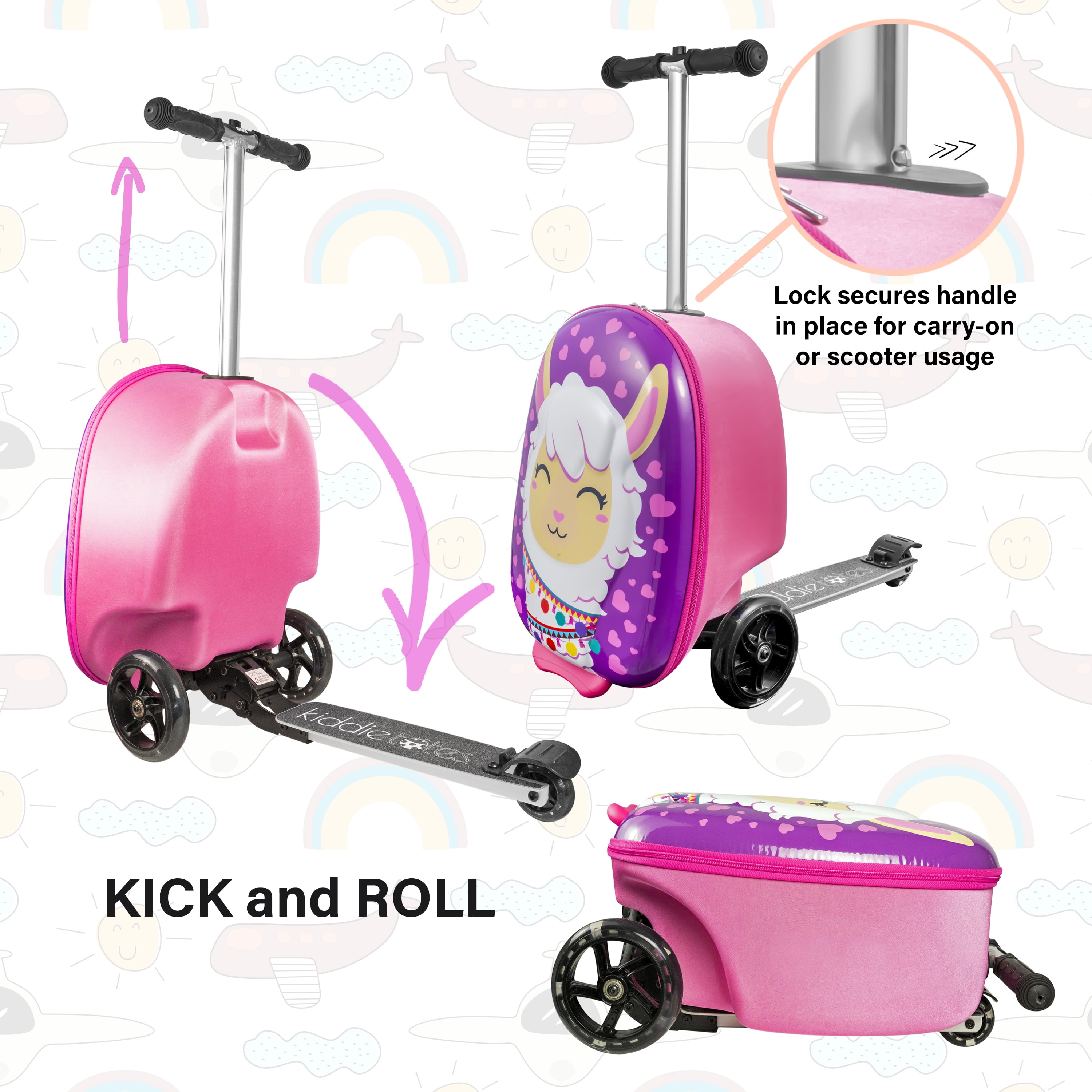 Kiddietotes 19.50" Kids 3-D Hardside Llama Scooter Luggage Ride On Suitcase, Pink