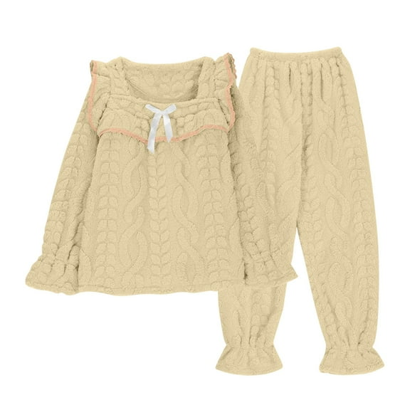 Lovskoo Women's Cute 2 Piece Pajamas Outfit Fuzzy Fleece Solid Color Pajama Set Soft Warm Sleepwear A-Yellow