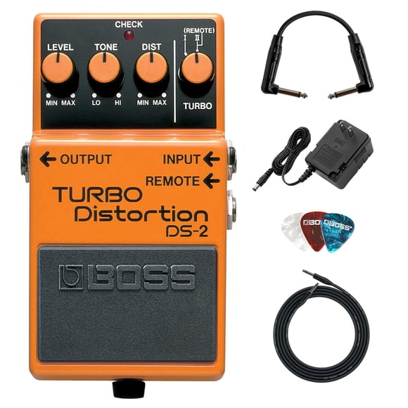 Pedal de distorsión BOSS DS-2 Turbo con fuente de alimentación y cables