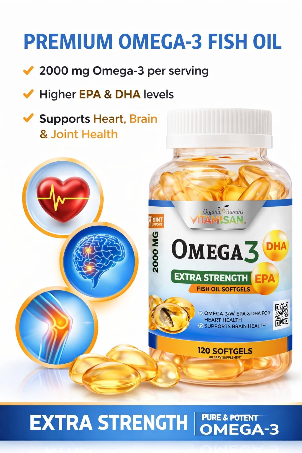 Vitamisan Omega 3 Fish Oil 2000 mg – 120 Softgels – EPA & DHA Support – Heart, Brain & Joint Health – Extra Strength Fish Oil Supplement