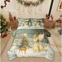 Feelyou Vintage Fairy Elf Twin Bedding Sets 7-Piece for Kids, Christmas Reindeer Bedding Comforter Set, Princess Reversible Sheet Sets, , Lightweight Room Decor