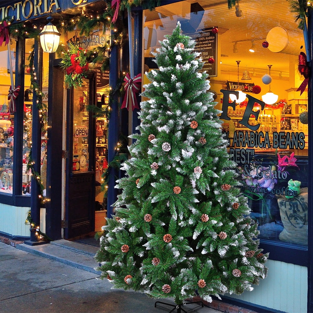 Kepooman 7FT Artificial Christmas Tree with Metal Stand for Home Office Party Decor, Xmas Tree with 1350 Branches Flocking Spray & Pine Cones, Green Kepooman 7FT Artificial Christmas Tree with Metal Stand for Home Office Party Decor, Xmas Tree with 1350 Branches Flocking Spray & Pine Cones, Green