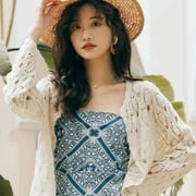 Women Flare Long Sleeve Crochet Cardigan Open Front Hollow Floral Sweater Coat