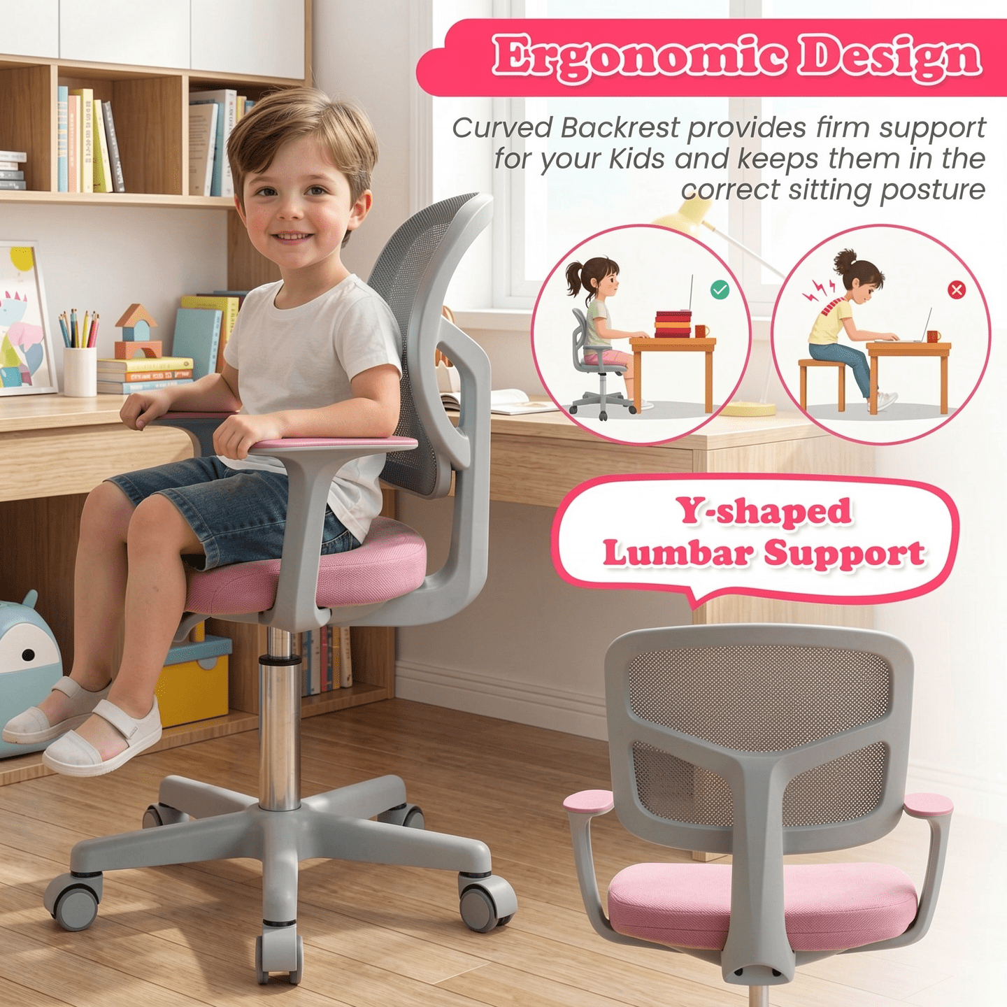 Furnibear Kids Chair Adjustable Desk Chair with Auto Brake Casters for Kids, Pink