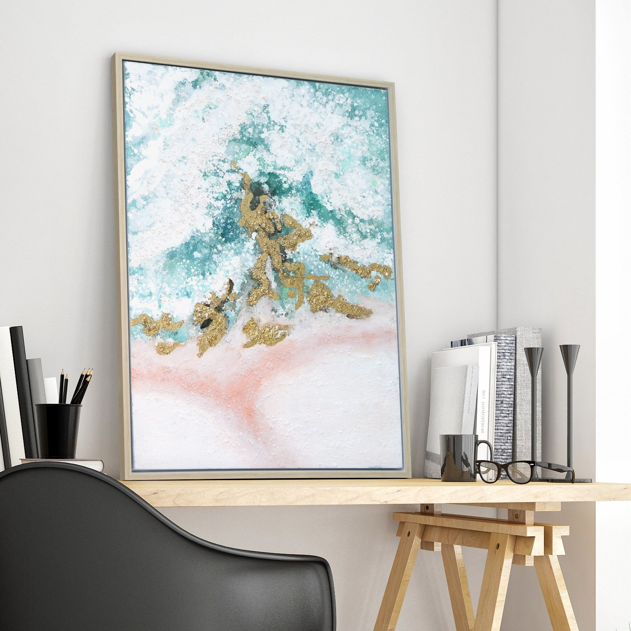 Empire Art Direct Sunday Ocean Textured Hand Painted Framed Wall Art with Gold Foil, 30" x 40"