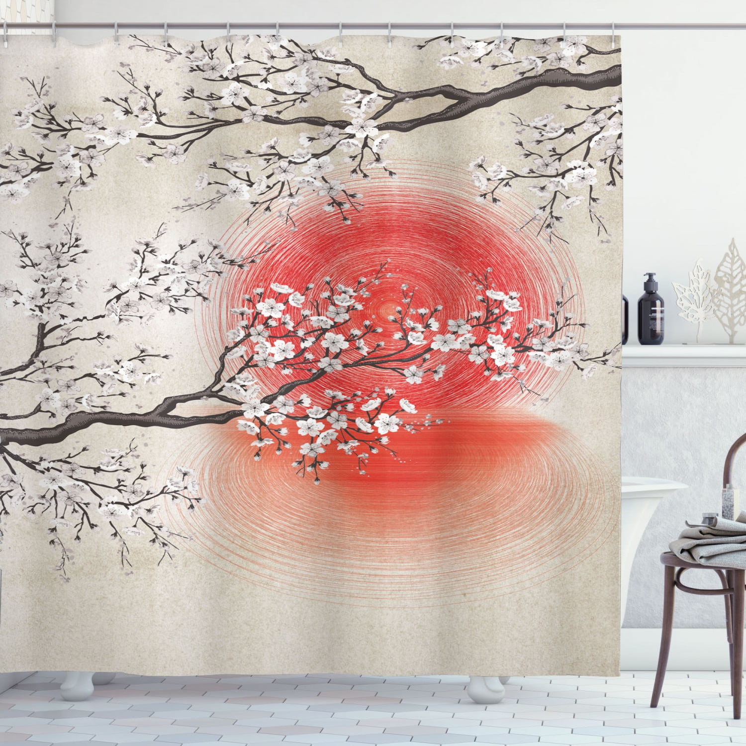 Cherry Blossom Sakura Branches Japanese Sun Shower Curtain Extra Long 84 Inch