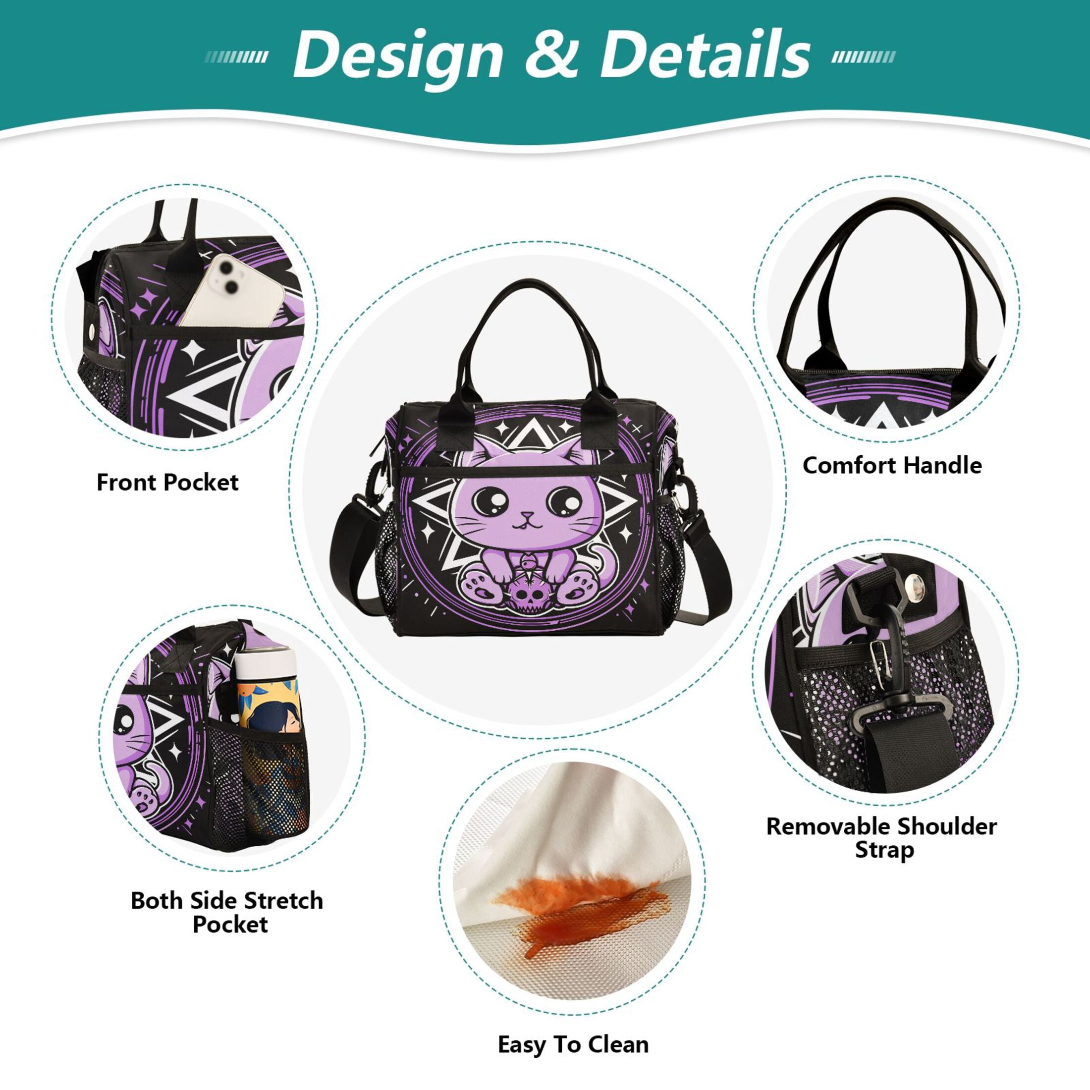 Lunch Bag Insulated Lunch Box Leakproof Reusable Cooler Tote Adjustable Shoulder Strap for Men Women Cute Cat with Skull 12L