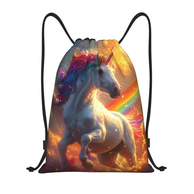 Saiise Rainbow Sunset Cloud White Horse Pattern Sports Drawstring Backpack - String Swim Gym Bag with Wet Proof Pocket for Women&Men-Small