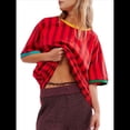 thumbnail image 1 of Tops Tipo Túnica A Rayas para Mujer, Camisa Informal de Gran Tamaño con Bloques de Color, Cuello Redondo, Corta, Estampado. Rojo M, 1 of 7
