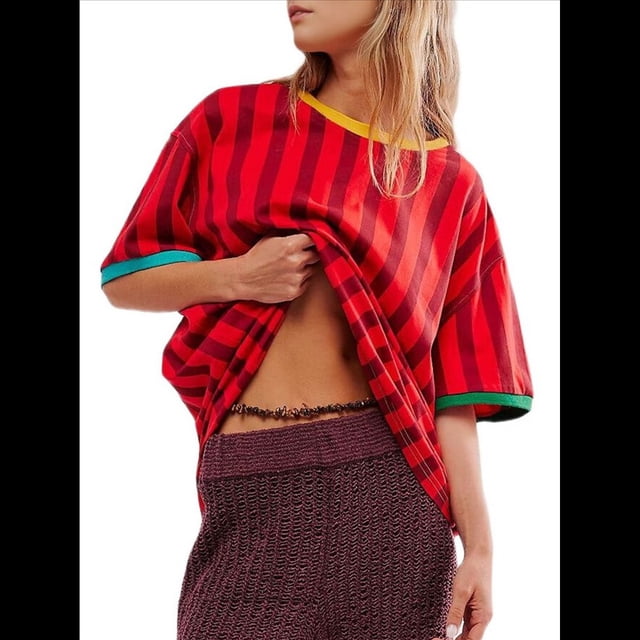 Tops Tipo Túnica A Rayas para Mujer, Camisa Informal de Gran Tamaño con Bloques de Color, Cuello Redondo, Corta, Estampado. Rojo L