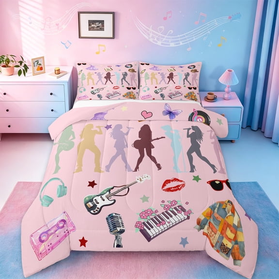 Manfei Music Themed Bedding Comforter Set,Fashion Musical Band Twin Comforter Sets,Electric Guitar Tape Bedding Set For Girls Teens,Super Cozy Room Decor Reversible,2-Piece