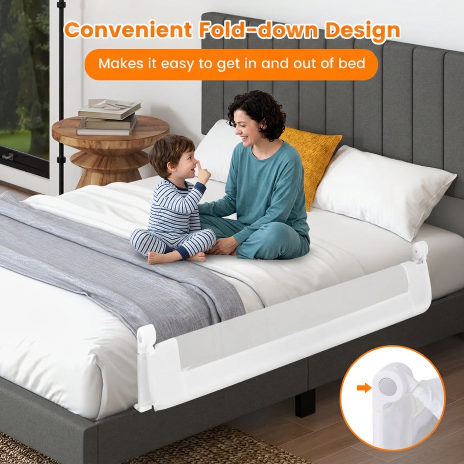 SUGIFT 60 Inch Foldable Swing Down Bed Side Rails Guard with Waterproof Oxford Cloth Soft PP Cotton Padding See Through Mesh and Adjustable Buckle Safety Strap, White