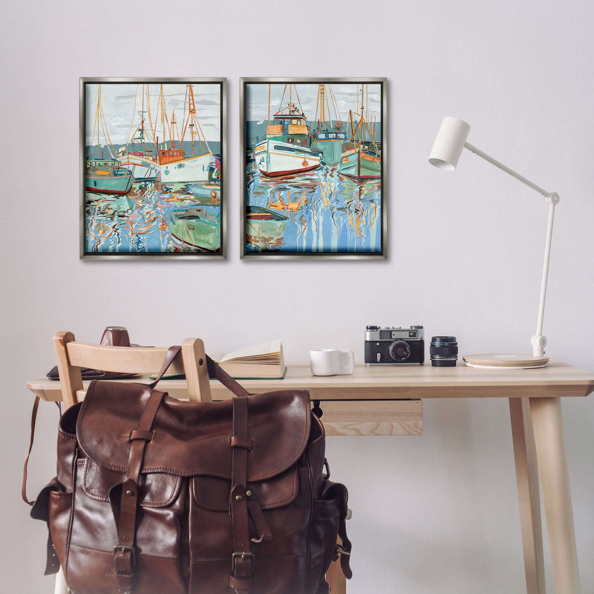 Stupell Industries Marina Ships Reflection Transportation Painting Gray Floater Framed Canvas Art Print Wall Art, 17 x 21, Set of 2