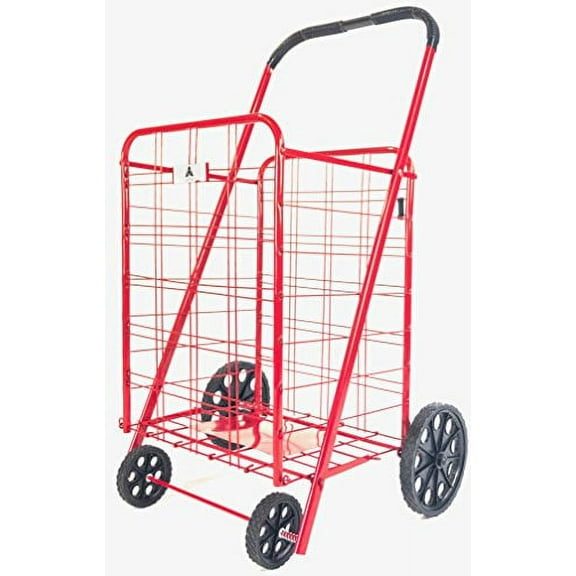 ATH Large Deluxe Rolling Utility/Shopping Cart - Stowable Folding Heavy Duty Cart with Rubber Wheels for Haul Laundry, Groceries, Toys, Sports Equipment, (Red, XL)