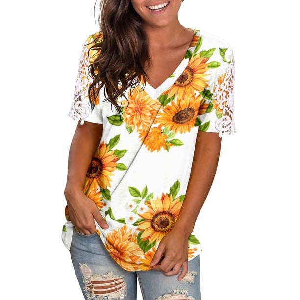Gibobby Blusas De Manga Larga Para Mujer Las mujeres ahuecan hacia fuera la de impresión de manga corta con cuello en V camiseta blusa Tops(Amarillo, M)