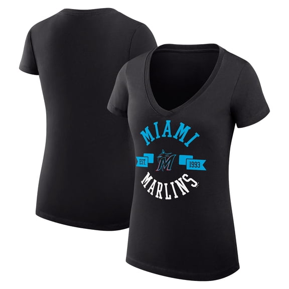 Women's G-III 4Her by Carl Banks Black Miami Marlins Super-Slim Fit Lightweight City Graphic V-Neck T-Shirt