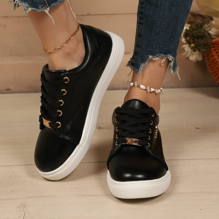 Dakaela Women's Tennis Shoes Lace up Leather Platform Fashion Sneakers  Comfortable Non Slip Flat Running Casual Shoes Brown 9