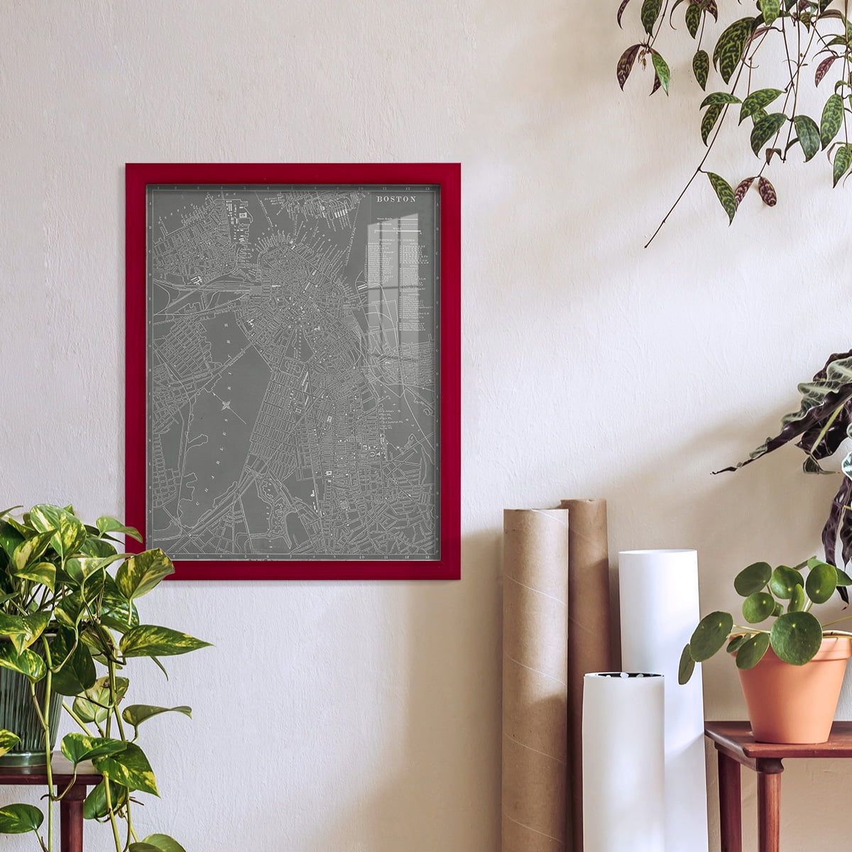 City Map of Boston -Framed Print w/glass-Cherry Red
