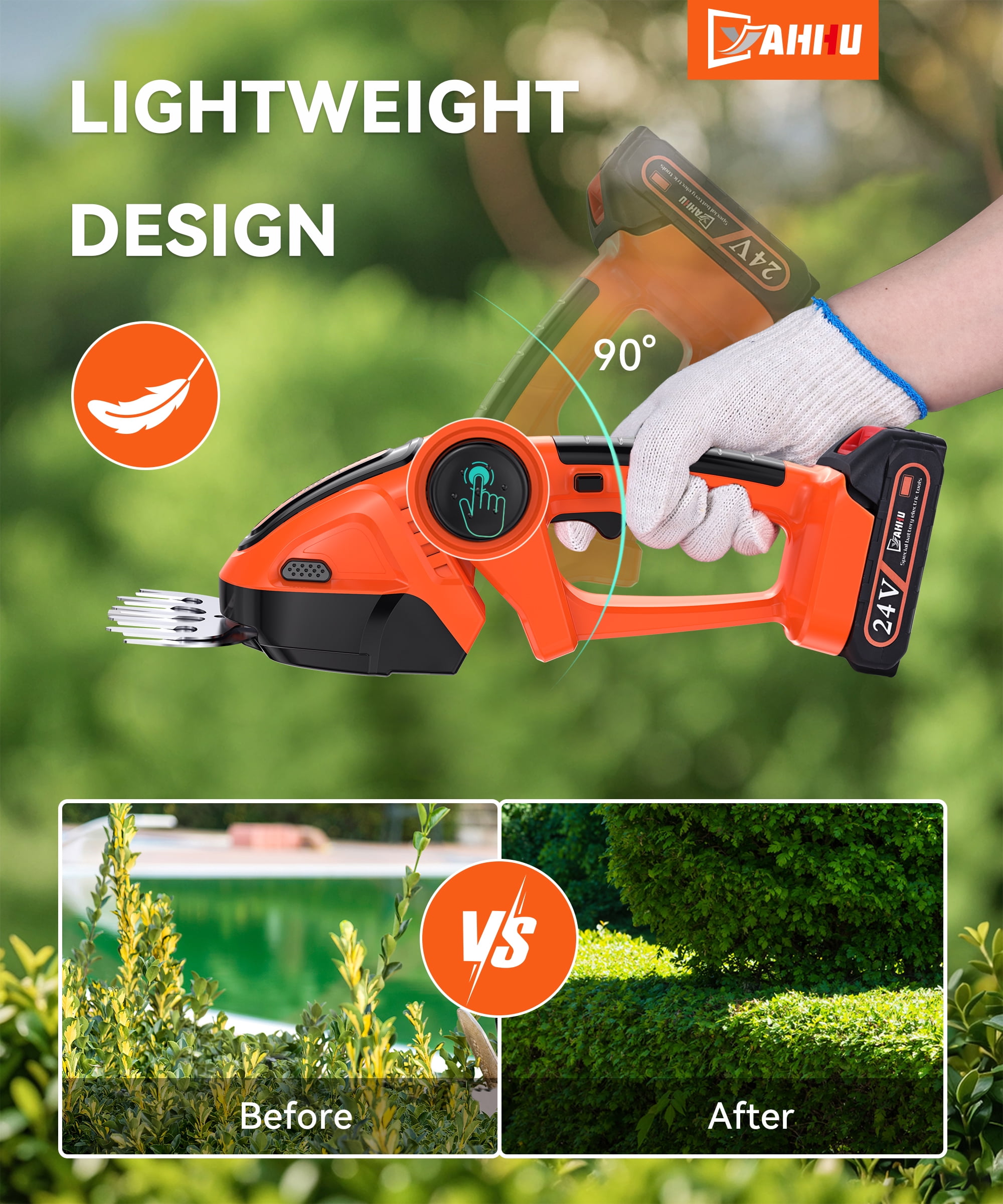 YAHHU Cordless Hedge Trimmer, 3 in 1 Handheld Electric Grass Trimmer , Trimmer for Bush,Tree, Garden, Patio and Lawn