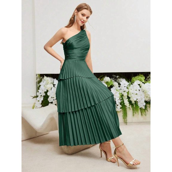 Dark Green One Shoulder Ruched Bodice Layered Pleated Maxi Dress