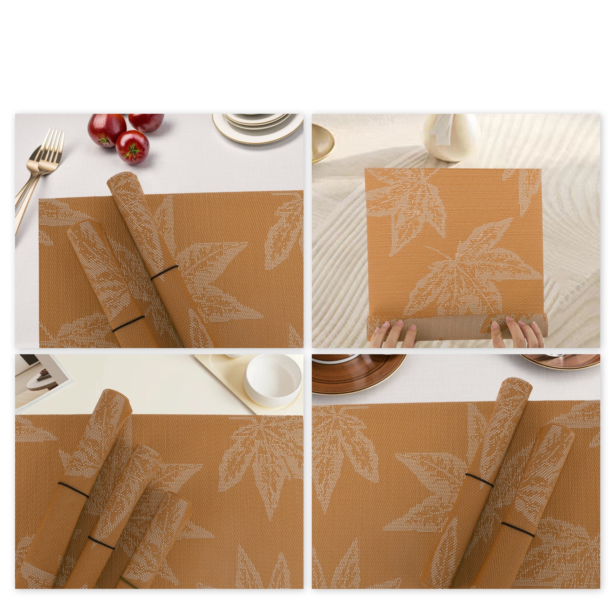 Unique Bargains 4 Pcs Leaf Pattern Polyester Heat Resistant Washable Placemats Orange