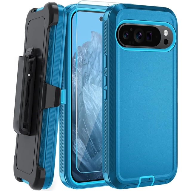 KOMI for Google Pixel 9/ Pixel 9 Pro Case, with HD Tempered Glass Screen Protector, Heavy Duty Shockproof Drop Protective Rugged Tough Durable Phone Cover with Belt Clip-Lake Blue/Sky Blue