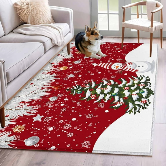 Christmas Snowman Area Rug 3x5 Washable Rug Non Slip Red Xmas Tree Silver Pine Tree Winter Large Area Rug Indoor Floor Carpet for Entryway Bedroom Kitchen Living Room Home Office Dining Room Nursery