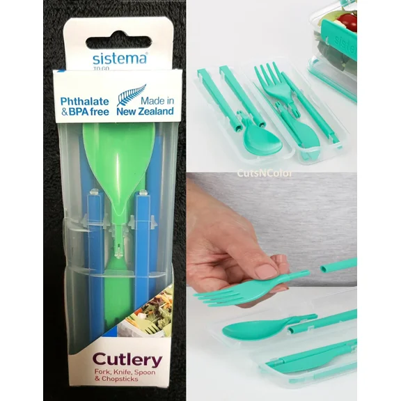 Sistema To Go 4-Piece Cutlery Set Fork Knife Spoon Chopsticks Case Green Blue