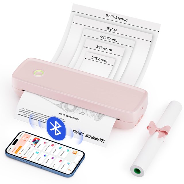 MUNBYN Portable Printer Wireless for Travel ITP04, Thermal Bluetooth Printer, Support 8.5x11&A4 Thermal Paper, Inkless Printer, Compatible w