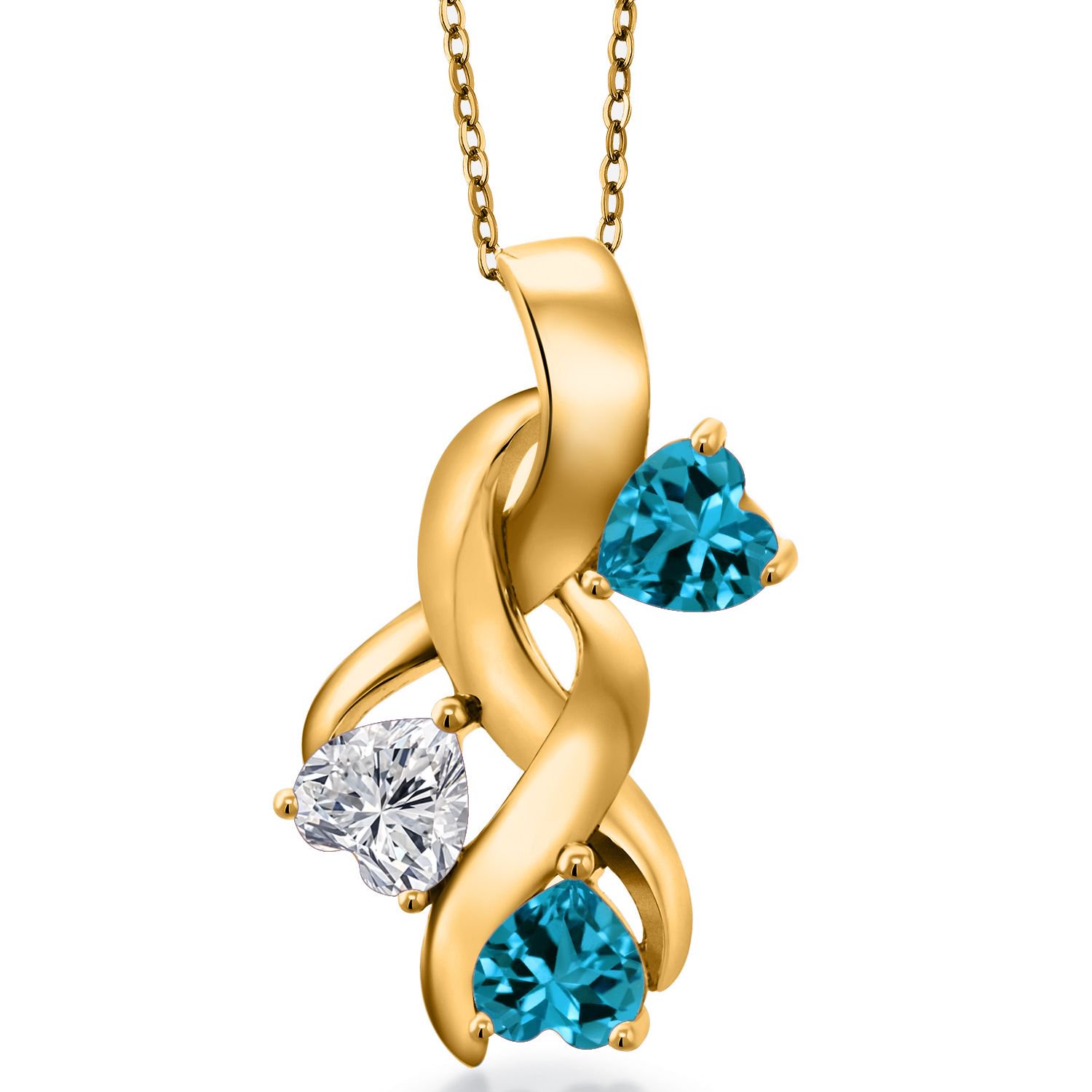Gem Stone King 18K Yellow Gold Plated Silver Lab Grown Diamond and London Blue Topaz Pendant Necklace for Women | 1.54 Cttw | Gemstone April Birthstone | Heart Shape 5MM | With 18 inch Chain