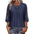 thumbnail image 6 of ClodeEU Women's Lace Patchwork 3/4 Sleeve Crewneck Top ,Solid Color Casual Spring Summer Blouse Blue,Women's Plus S, 6 of 6