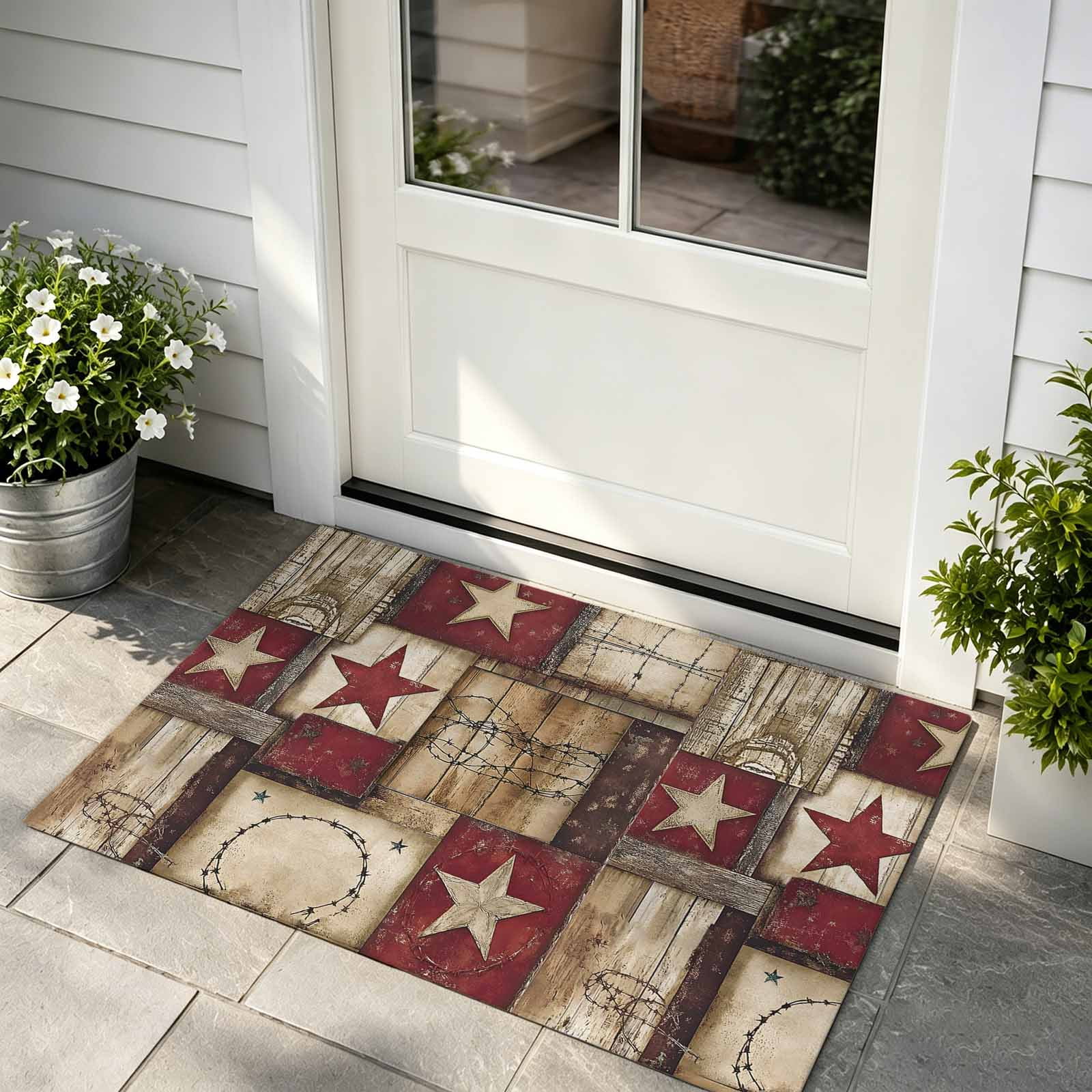 Front Door Mat Indoor Outdoor Entrance Texas Star Farm Low Profile Doormats Non-Slip Backing Country Wood Grain Vintage Western Absorbent Welcome Mat for Entryway Hallway 16 x24