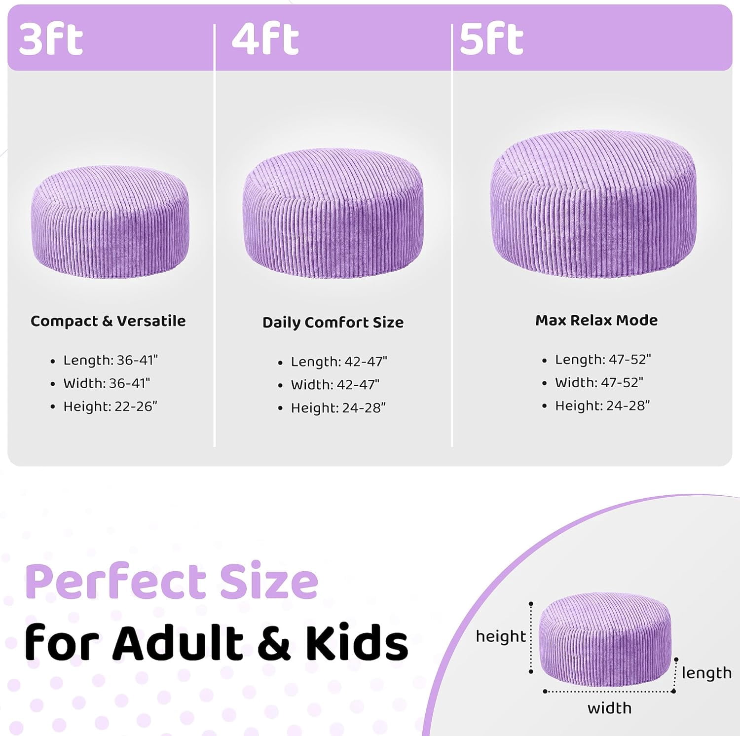 3FT Bean Bag Chair, 3' Large Bean Bag Chairs for Adults with Stripe Plush Cover, Memory Foam Beanbag Chair for Living Room Bedroom Dorm，Grey
