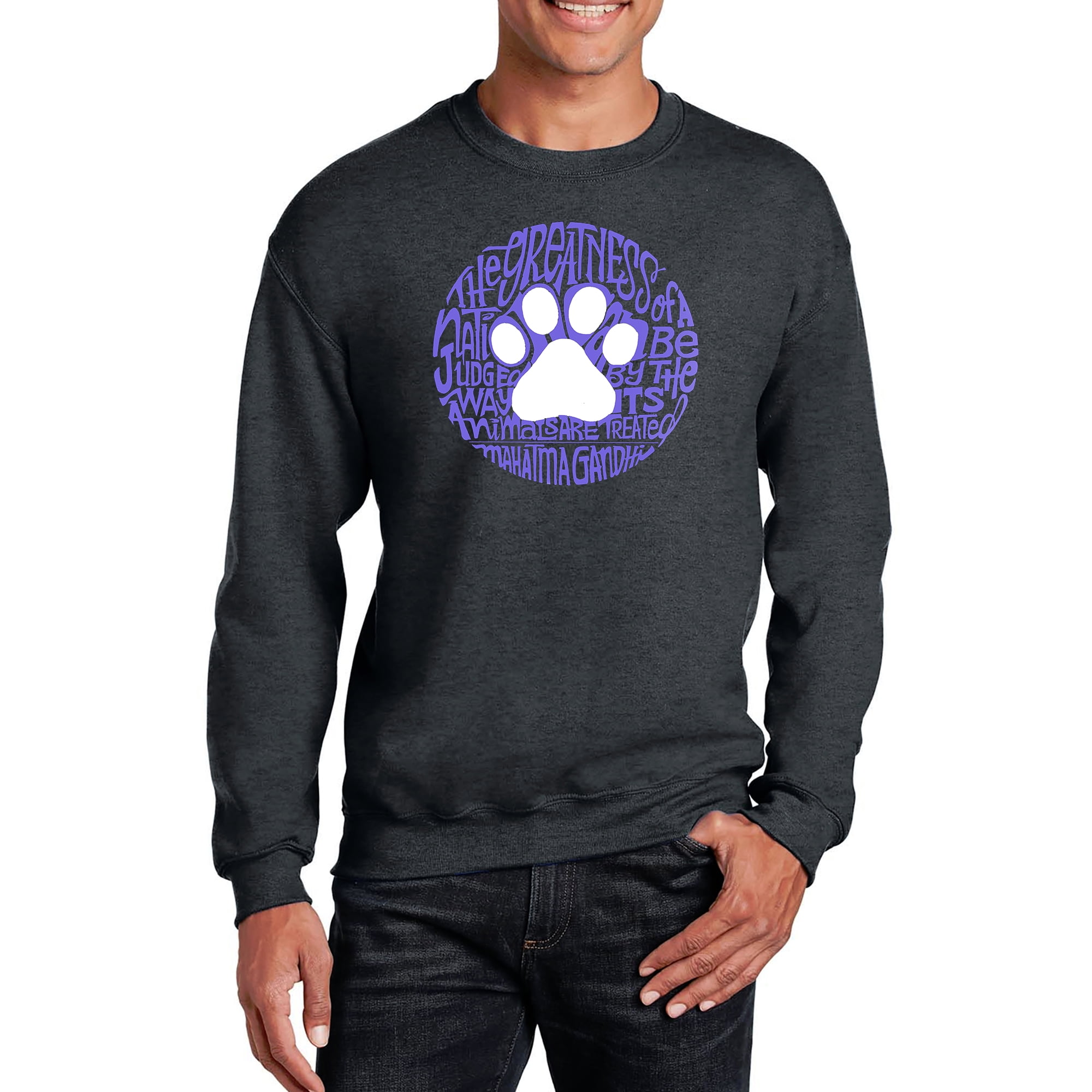 LA Pop Art Men's Word Art Crewneck Sweatshirt - Gandhi's Quote on Animal Treatment LA Pop Art Men's Word Art Crewneck Sweatshirt - Gandhi's Quote on Animal Treatment