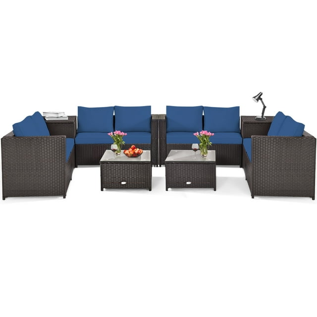 Patiojoy Ensemble de Canapé Sectionnel d'Extérieur en Rotin de 8 Pcs pour Causeuse et Conversation avec Coffre de Rangement et Table à Café Bleu Marine