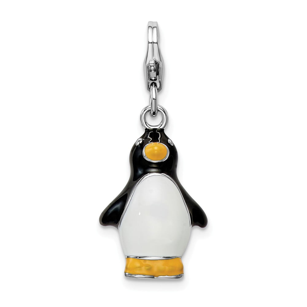 Solid 925 Sterling Silver Enamel Penguin Pendant Charm