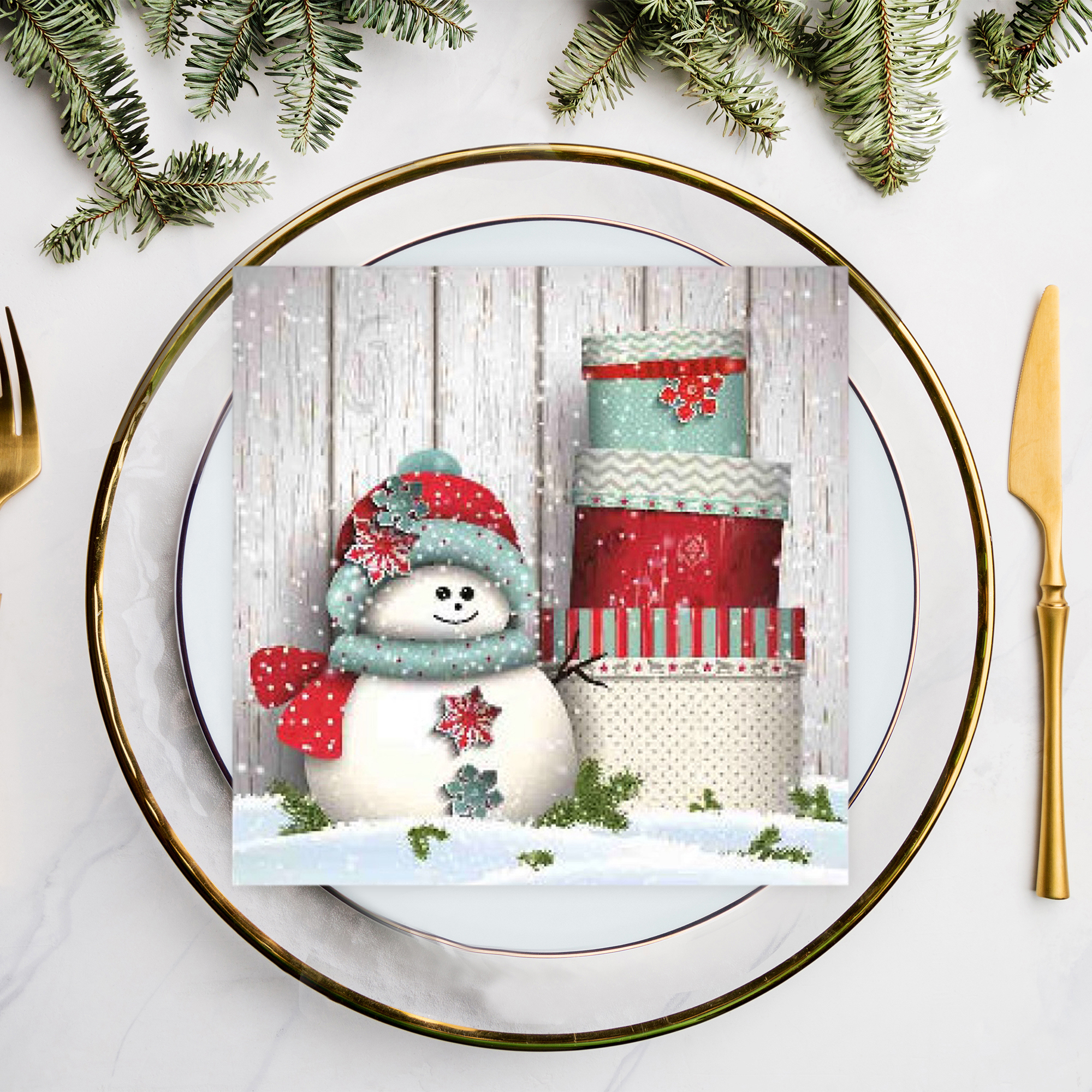 Lot De 20 Serviettes De Table 3 Plis (Bonhomme De Neige Avec Cadeaux) - Lot De 6