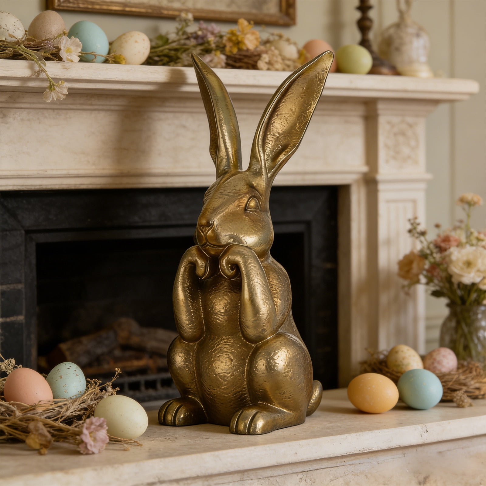 UNLLLL Easter Bunny Figurines Decor, Gold Bunny Statue, 3D Printing Easter Bunny Figurine, Golden Plastic Bunny Decor Rabbit Figurines, for Garden, Table Centerpiece, Easter Decor