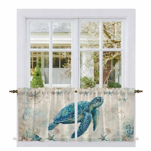 Teal Sea Turtle Coastal Tier Curtains 36 Inch Length, Vintage Summer Beach Nautical Cafe Short Curtains for Bathroom Over Sink, Small Kitchen Curtain Light Filtering Drapes 2 Panels 27.5"Wx36"L
