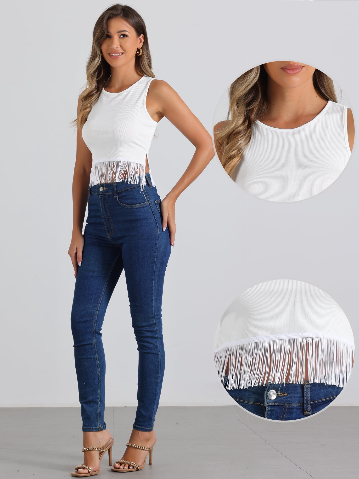 DARING DIVA Women's Ribbed Knit Tank Crew Neck Crop Tassel Trim Vest XL White