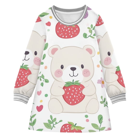 Cute White Bear Holds Strawberries Flowers Long-sleeved Dress A-line One-Piece Dress for 2-8 Years Casual Party 2T