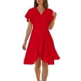 thumbnail image 3 of Jinhomg Women's Cocktail Dress Trendy Wrap V Neck A Line Dresses Flowy Swing Ruffle Short Sleeve Midi Dress formal Wedding Guest Dress Red L, 3 of 10