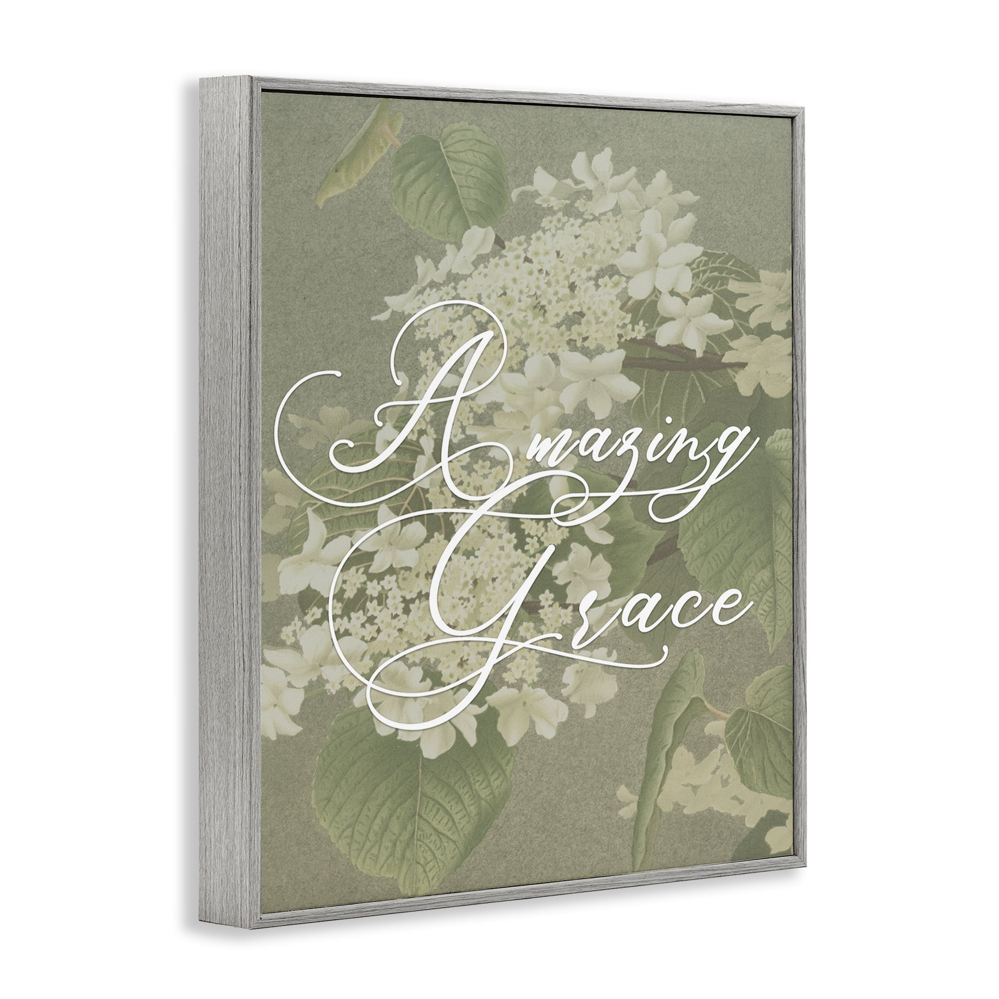Amazing Grace Phrase Vintage White Flower Blossoms Gray Framed Giclee Art, 11 x 14, By Lil' Rue