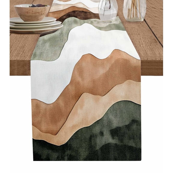 Ldtrchee Abstract Wave Table Runner 72 Inches, Modern Brown Green White Geometric Stripes Bed Runner Dresser Scarves Tabletop for Indoor Outdoor Parties/Ceremony/Banquet, 13" x 72"